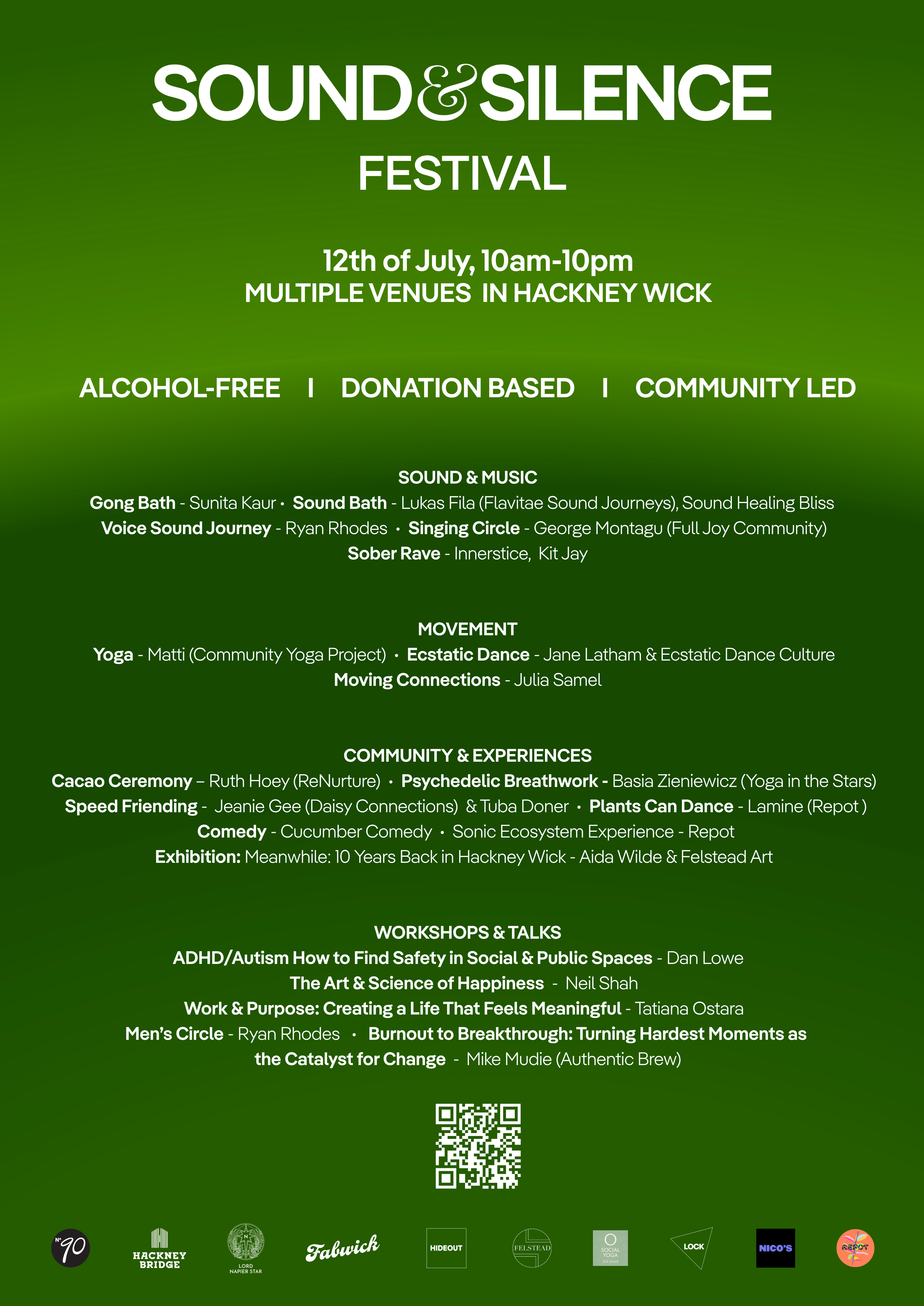 Sound & Silence Festival programme and line-up, 12 July 2026, Hackney Wick.